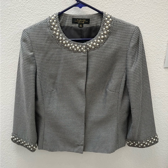 Tahari by ASL Luxe Beaded Blazer Jacket and Skirt Woven Metallic Gray White sz 8 - Picture 4 of 13